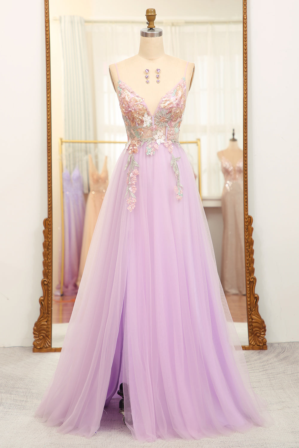 Luolandi Glitter Lilac A-Line Spaghetti Straps Flowers Long Prom Dress With Slit