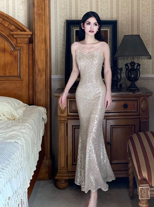 Luolandi Glitter Mermaid Spaghetti Straps Sequins Maxi Dress Long Prom Dress With Slit Charming Evening Party Dress Sexy Women's Dresses