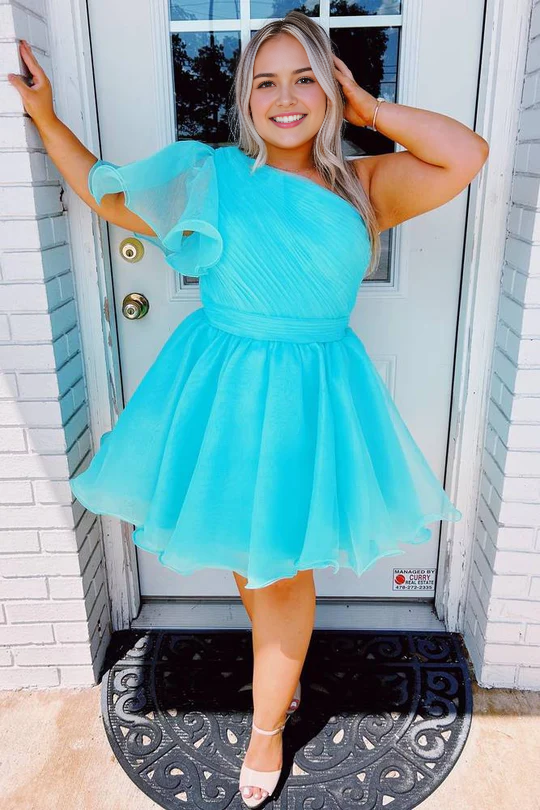 Luolandi A-line One shoulder Ruffle Short Prom Dress Charming Homecoming Dress Sweetheart Graduation Dress Chic Birthday Party Dress