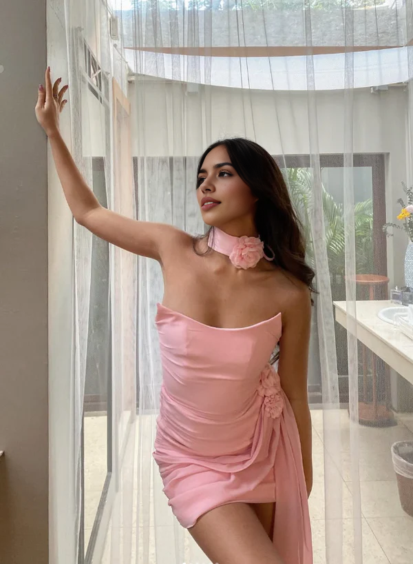 Luolandi Elegant Sheath Strapless 3D Flower Short Prom Dress Charming Homecoming Dress Lovely Graduation Dress Sweetheart Birthday Party Dress