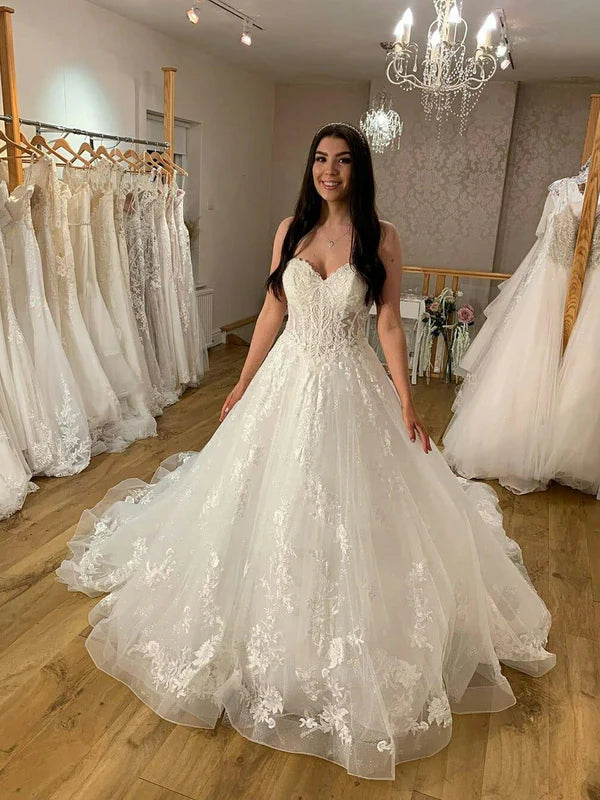 Luolandi Elegant Sweetheart Long Appliqued Tulle Wedding Dresses A-line Bridal Gowns Off Shoulder Charming