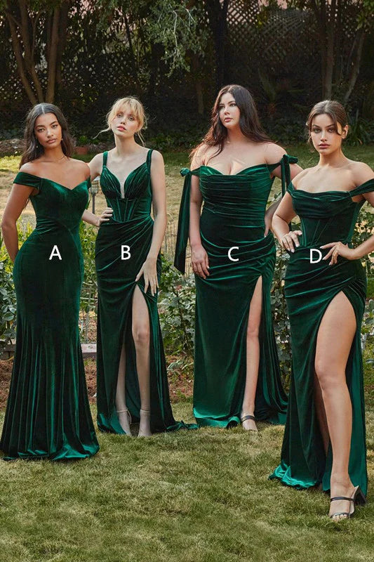 Luolandi Green Mermaid Off-the-shoulder Velvet Bridesmaid Dress Charming Evening Party Dress
