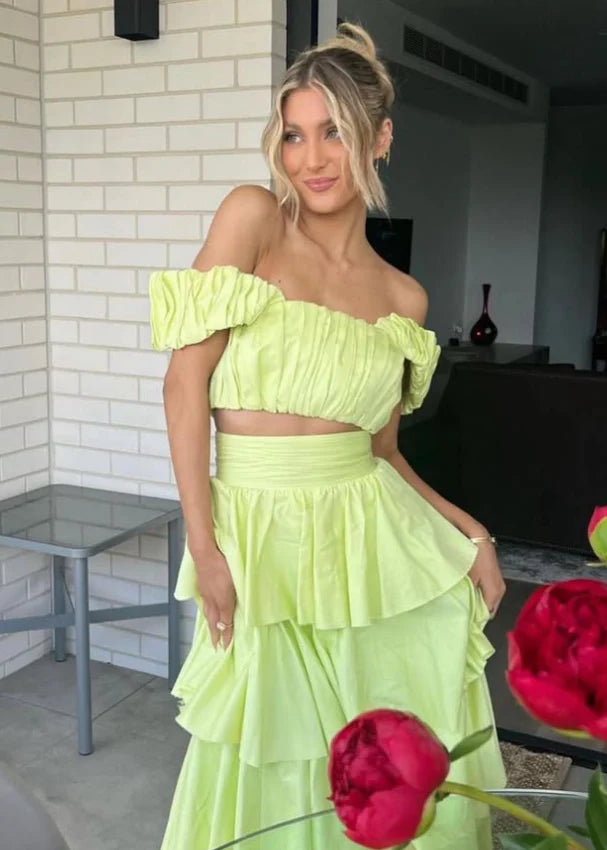 Luolandi Two Piece A Line Off the Shoulder Layered Satin Long Prom Dress Outfits Charming Party Dress