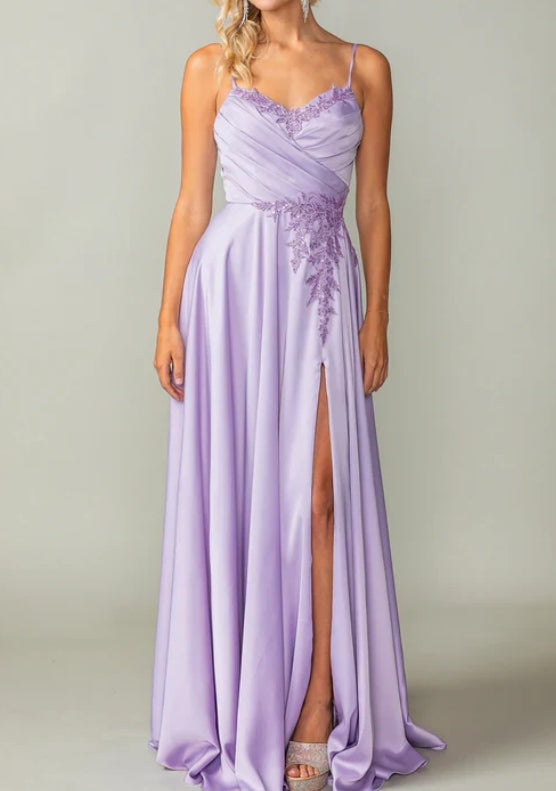 Luolandi Lace-Up-Back Long A-Line Prom Dress With Slit V-neck Evening Dress