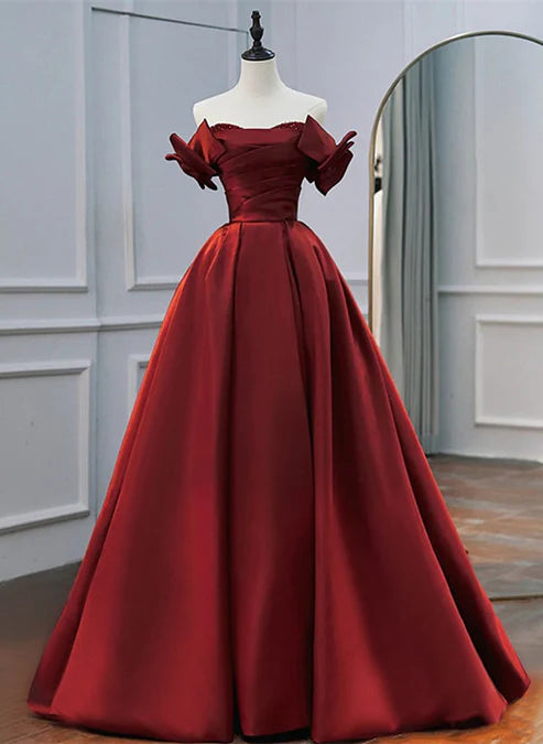 Luolandi Wine Red Satin A-line Beaded Off Shoulder Party Dress Prom Dress Formal Dress Elegant Evening Dress