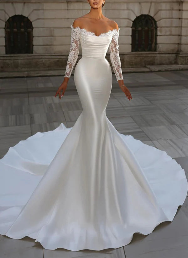 Luolandi Strapless Long Sleeves Satin Wedding Dresses With Lace Trumpet/Mermaid Off Shoulder Elegant