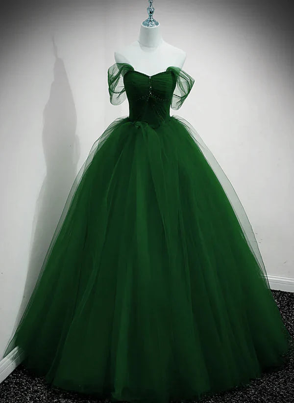 Luolandi Beaded Tulle Off Shoulder Long Party Dress Tulle A-line Prom Dress Ball Gown Quinceanera Dress Green
