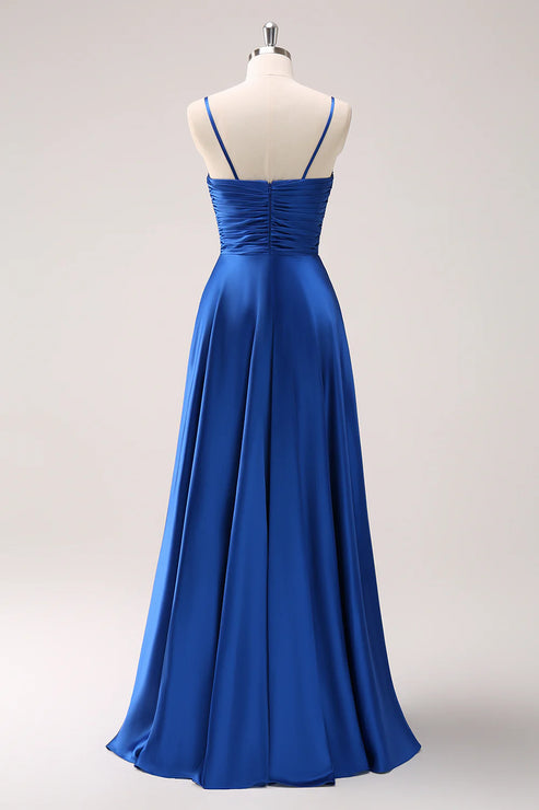 Luolandi Blue Spaghetti Straps Satin Bridesmaid Dress with Slit Floor Length Party Dress