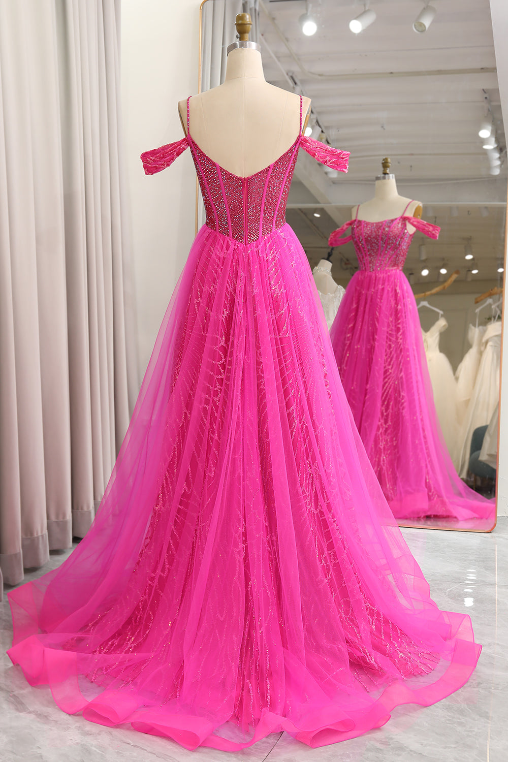 Luolandi Fuchsia A-Line Off The Shoulder Tulle Long Prom Dress Floor Length