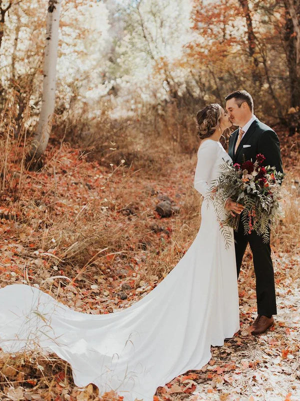 Luolandi Simple Long Sleeves A-line Wedding Dresses Satin Chapel Train Bridal Gowns Elegant