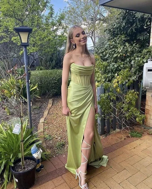 Luolandi Strapless Long Mermaid Slit Corset Prom Dresses Ruched Formal Evening Party Dresses Charming Bridesmaid Dresses
