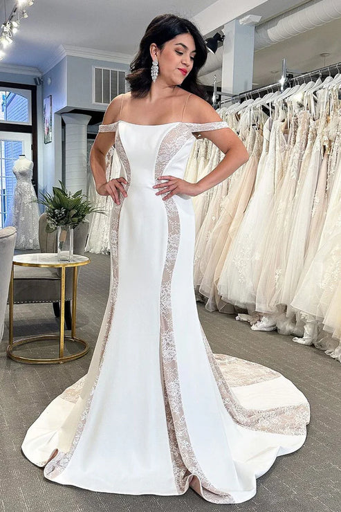 Luolandi Simple Mermaid Off The Shoulder Satin Wedding Dresses with Appliques Sexy