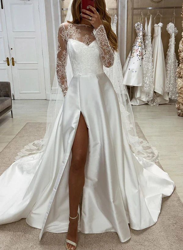 Luolandi Illusion Neck Long Sleeves Satin Wedding Dresses With Lace And Slit Floor Length Elegant