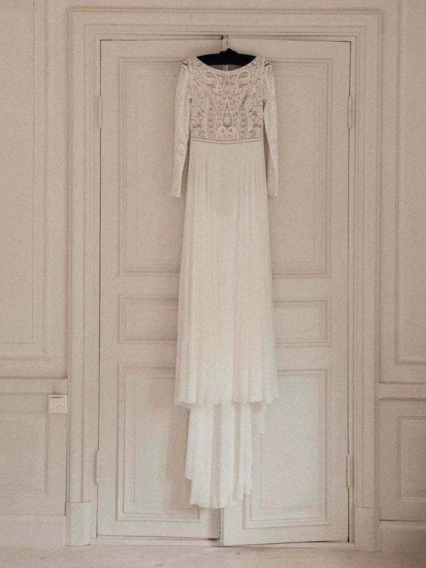 Luolandi Simple Lace Chiffon A-line Backless Wedding Dresses Country With Long Sleeves Gowns Elegant