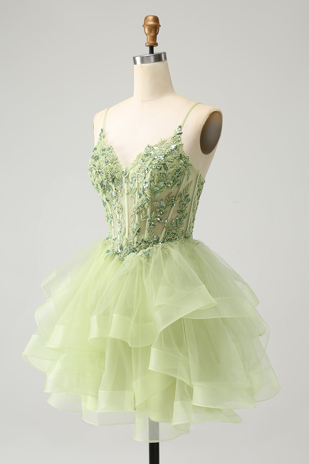 Luolandi Sparkly Light Green A Line Spaghetti Straps Corset Short Tiered Homecoming Dress Party Dress