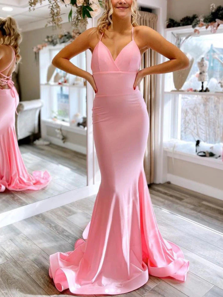 Luolandi Simple pink satin mermaid long prom dress evening dress Formal Dress december wedding guest dress