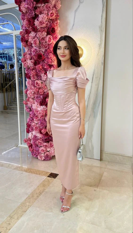 Luolandi Fashion Long Prom Dresses Pink Short Sleeves Elegant Evening Party Dress Formal Dress