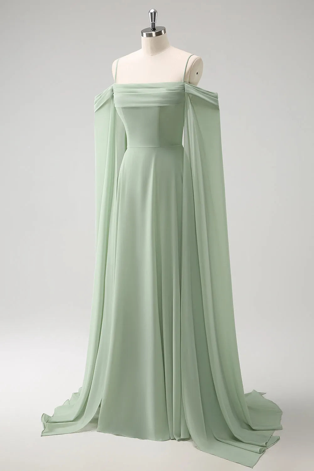 Luolandi Light Green Cold Shoulder A-Line Chiffon Watteau Train Bridesmaid Dress Charming Evening Party Dress Formal Dress