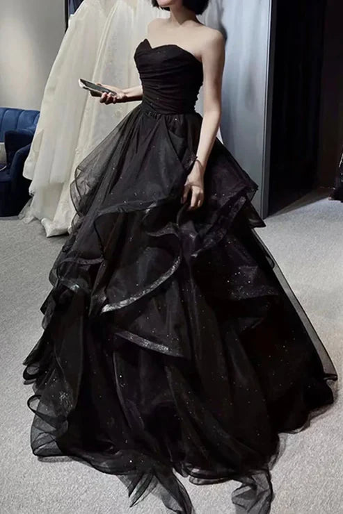 Luolandi Black A Line Off Shoulder Tulle Long Prom Dress Charming Formal Evening Dress