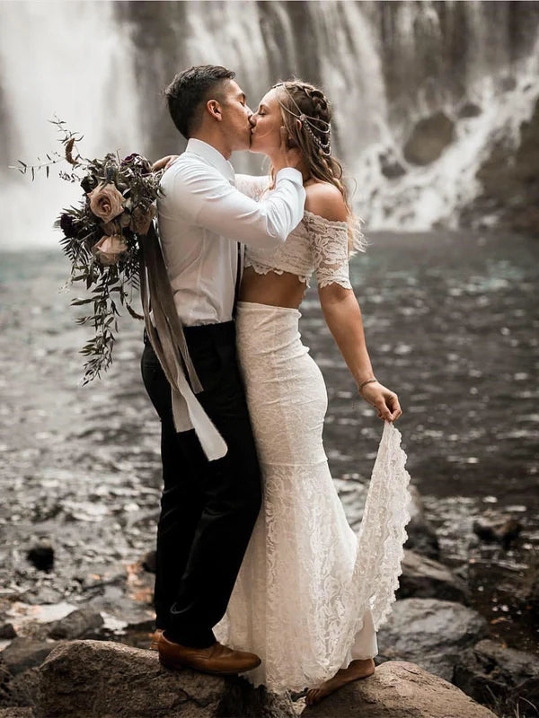 Luolandi Gorgeous 2 Pieces Lace Wedding Dresses Mermaid/Trumpet Gowns Off Shoulder