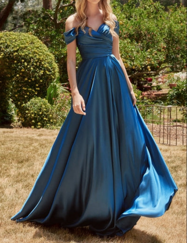 Luolandi Off-Shoulder Satin A-Line Bridesmaid Dress With Side Slit Elegant Evening Party Dress
