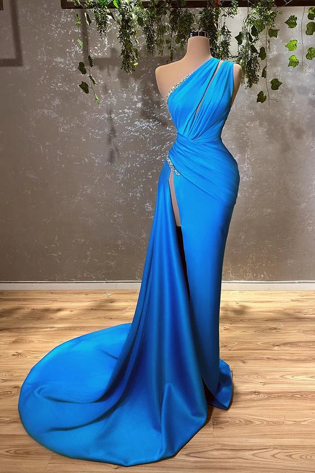 Luolandi Ocean Blue One Shoulder Mermaid Long Evening Dress With Split Sexy Party Dress Formal Dress