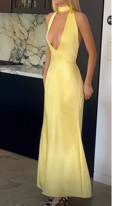 Luolandi Yellow Deep V Neck Backless Sheath Long Formal Party Dress Sexy Prom Dress