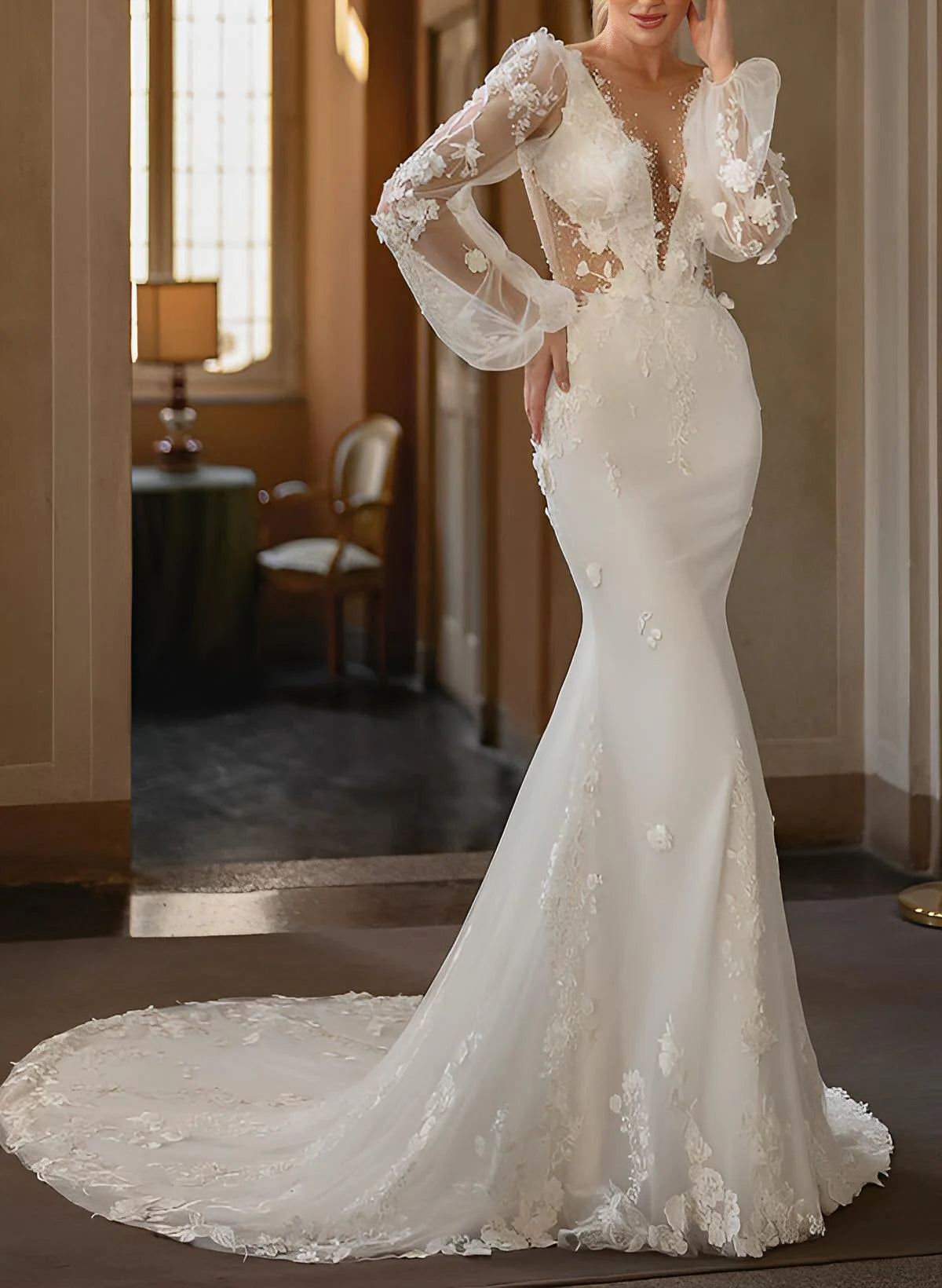 Luolandi Long Sleeves Court Train Satin Wedding Dresses Mermaid Illusion Neck with Appliques Beautiful