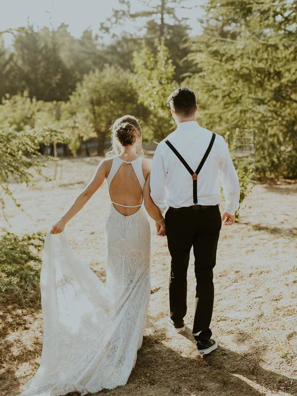 Luolandi Sexy Backless Halter Neckline Mermaid Panel Train Sheath Wedding Dresses Elegant