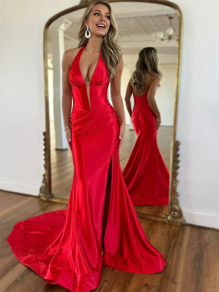 Luolandi Red Satin Halter Neck Mermaid Simple Long Prom Dresses Charming Evening Party Dress