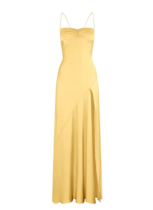 Luolandi Red A-Line Spaghetti Straps Long Prom Dress with Slit Yellow Formal Dress Simple Evening Party Dress