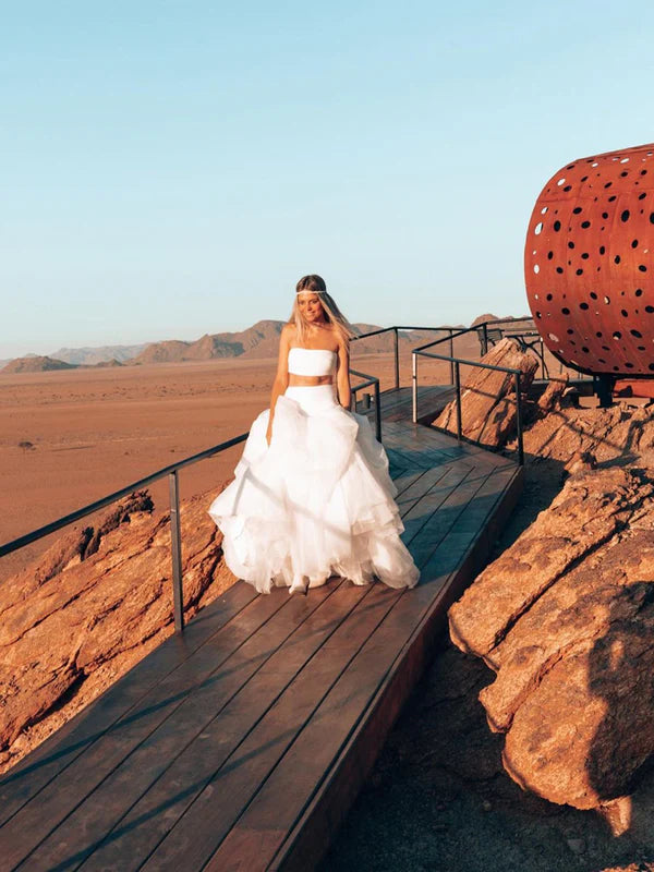 Luolandi Two-pieces A-line Tiered Tulle Strapless Sweep Train Wedding Dresses Off Shoulder Floor Length