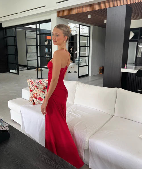 Luolandi Red A-Line Spaghetti Straps Long Prom Dress with Slit Yellow Formal Dress Simple Evening Party Dress