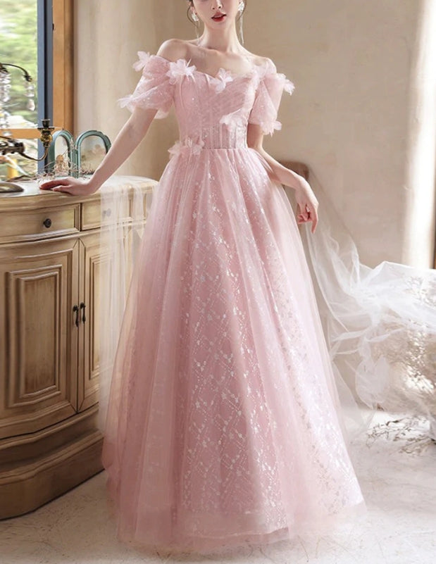 Luolandi Beautiful Tulle Flowers Floor Length Prom Dress Pink A-Line Evening Party Dress
