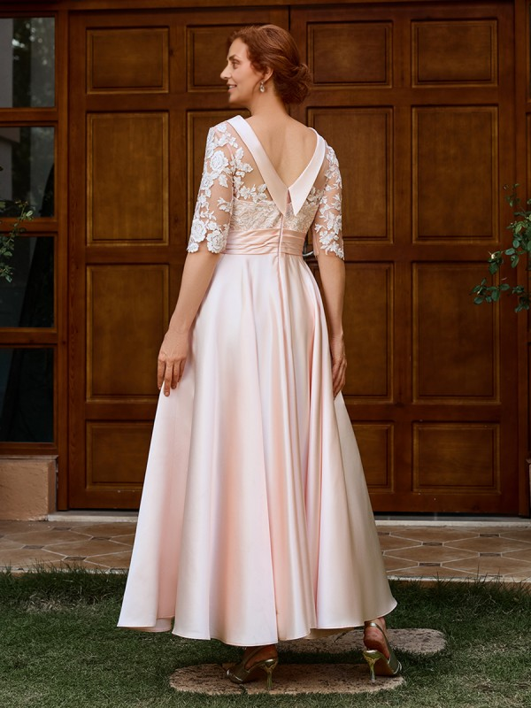 Luolandi Elegant A-line Appliques Lace Ankle-Length Satin Mother of the Bride Dress 1/2 Sleeves Charming Evening Dress