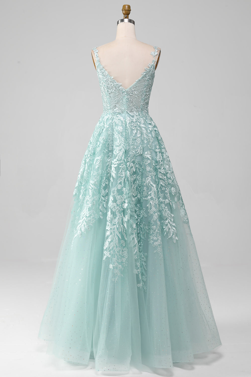 Luolandi Glitter Mint A-Line Tulle Long Prom Dress With Lace And Slit Beautiful
