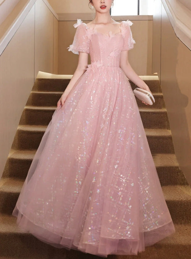 Luolandi Beautiful Tulle Flowers Floor Length Prom Dress Pink A-Line Evening Party Dress