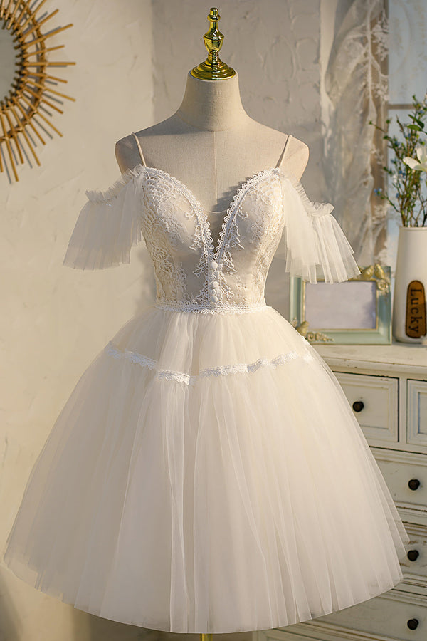 Luolandi A-line V Neck Spaghetti Straps Tulle Homecoming Dress Ivory Wedding Dress