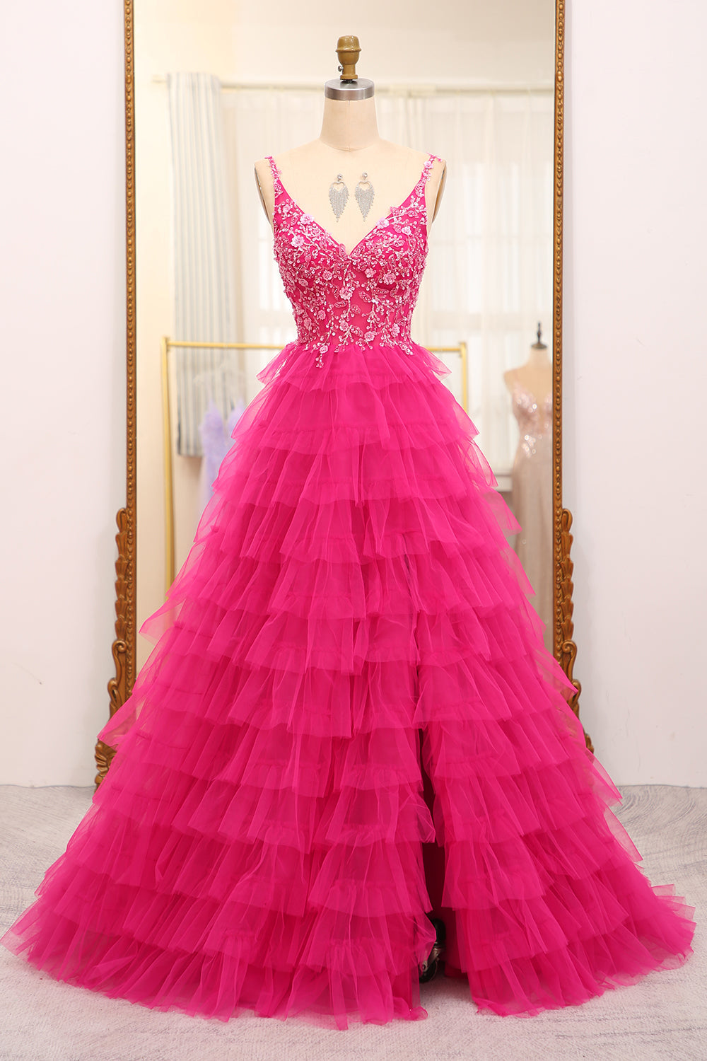 Luolandi Fuchsia A Line Sparkly Beaded Appliques Tiered Long Prom Dress With Slit Beautiful