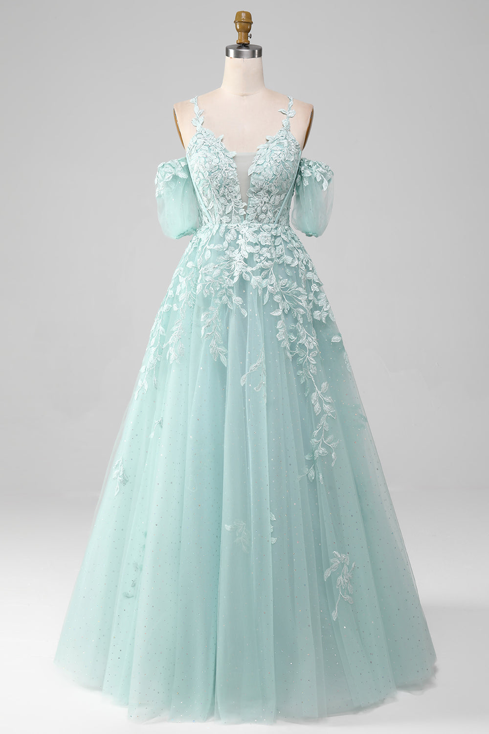 Luolandi Ball-Gown Off The Shoulder Beaded Mint Prom Dresses With Appliques And Sleeves