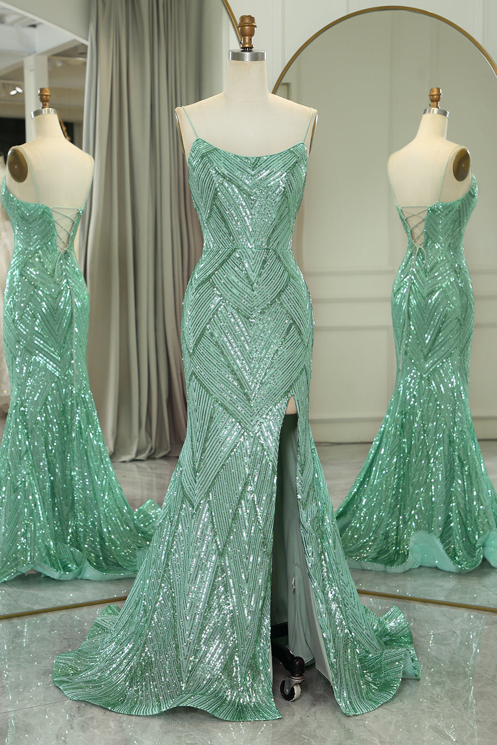 Luolandi Sparkly Green Mermaid Spaghetti Straps Long Prom Dress With Slit Evening Dress