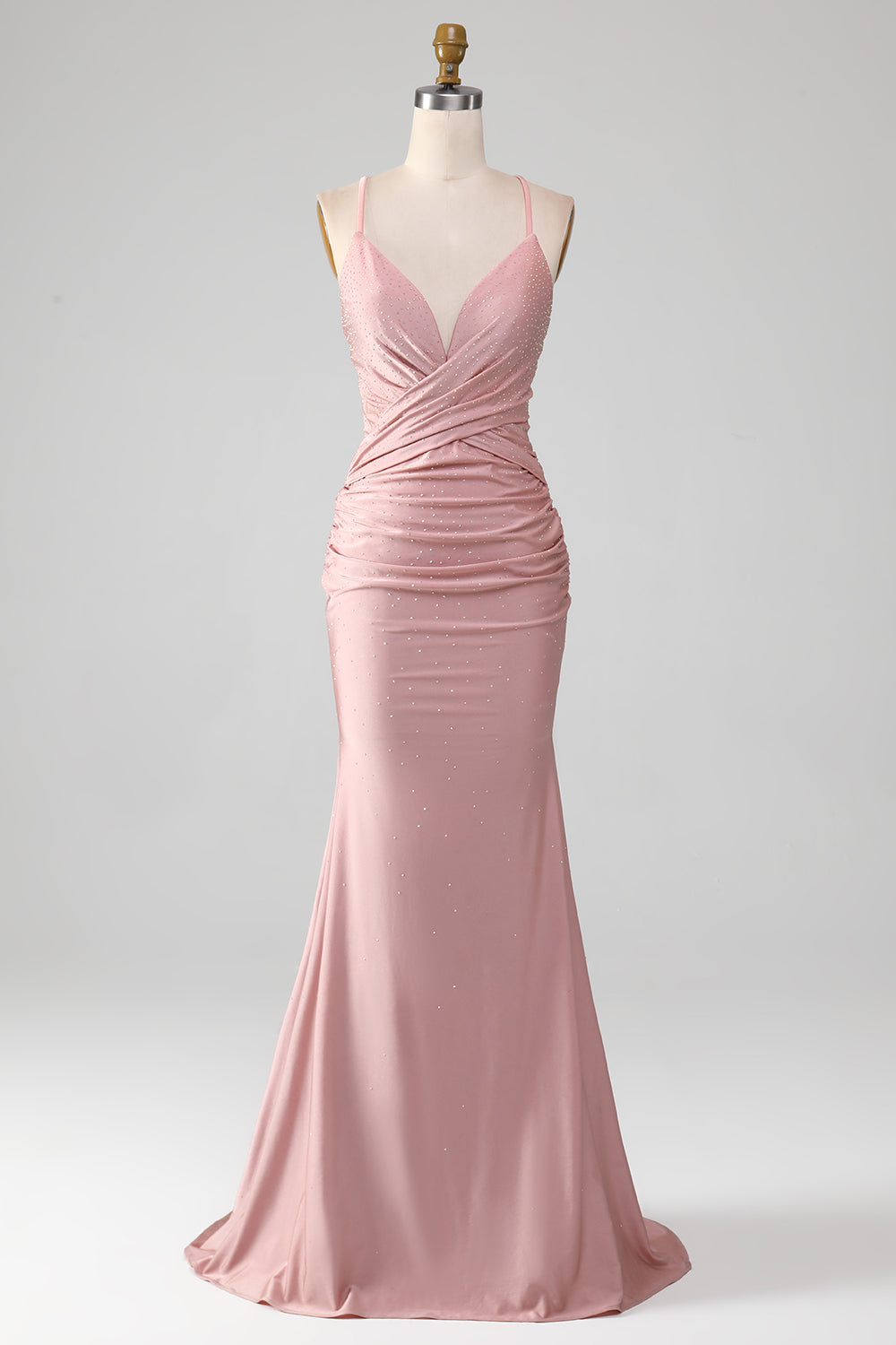 Luolandi Blush Beaded Long Mermaid Prom Dress V-neck Sexy Evening Dress Party Dress