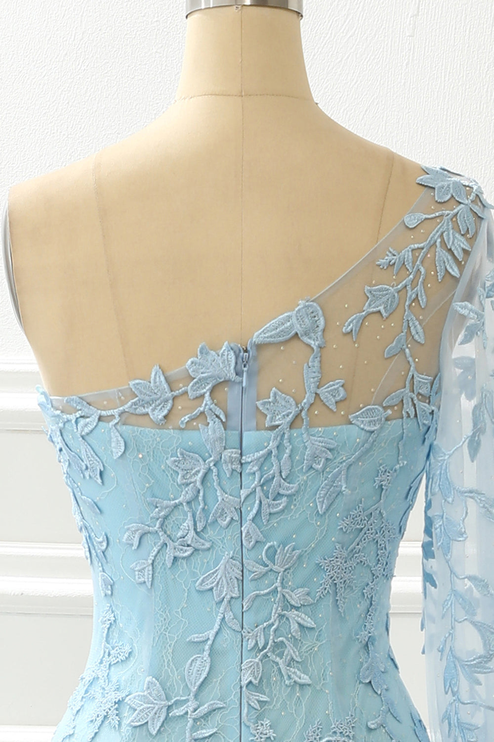 Luolandi One Shoulder Sky Blue Mermaid Prom Dress With Appliques Long Sleeve