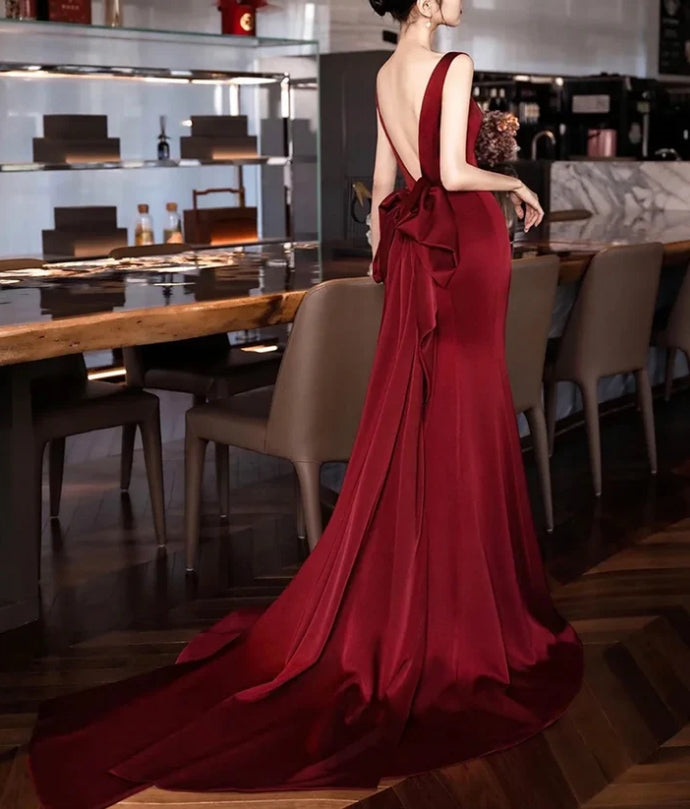 Luolandi Burgundy V-Neck Satin Backless Long Prom Dress Evening Party Dress Elegant