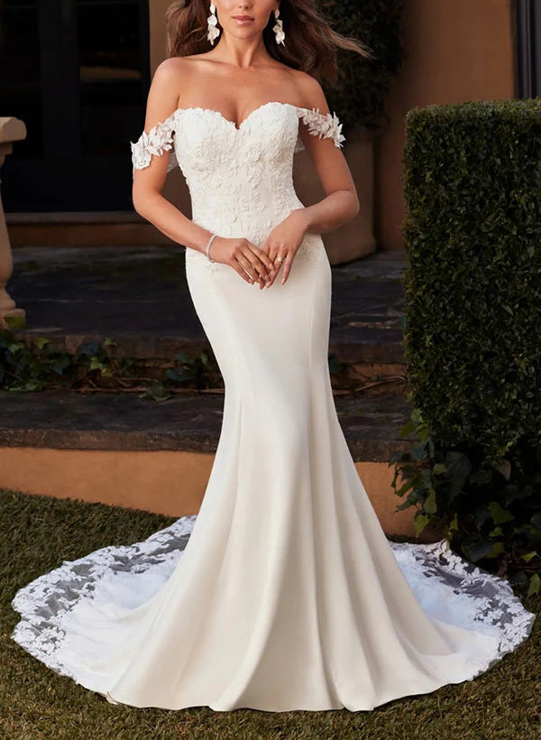 Luolandi Lace Sweep Train Modern Wedding Dress Off Shoulder Floor Length Elegant with Appliques