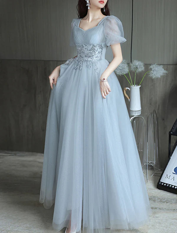 Luolandi A-Line Evening Gown Sparkle & Shine Dress Party Dress Valentine‘s Day Floor Length Short Sleeve Sweetheart Tulle with Beading Tiered Prom Dress