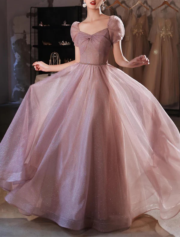 Luolandi A-Line Beautiful Back Elegant Prom Formal Evening Birthday Dress Sweetheart Neckline Short Sleeve Floor Length Lace with Beading