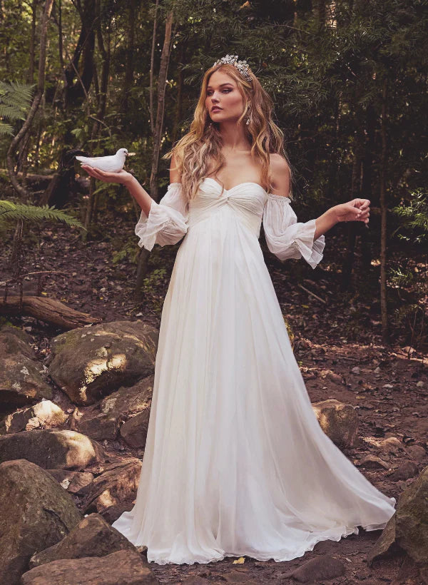 Luolandi Boho Wedding Dresses Off-The-Shoulder Long Sleeves With Chiffon Sweep Train Elegant Formal Dress
