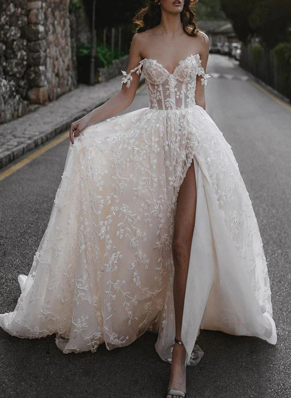 Luolandi Lace Wedding Dress With Detachable Sleeve A Line Off Shoulder Floor Length With Appliques And Slit