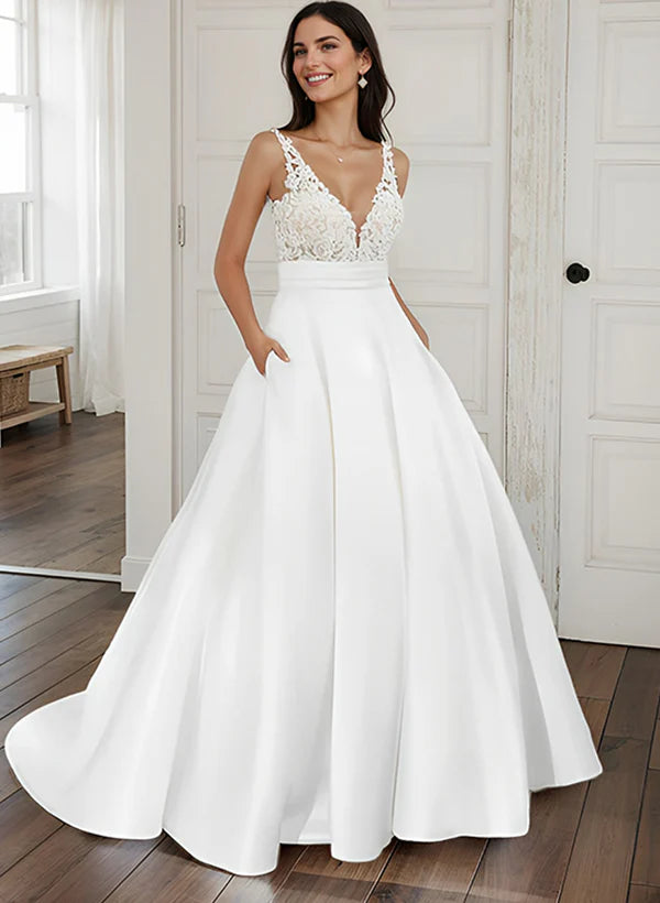 Luolandi Ball-Gown Satin V-Neck Wedding Dresses With Pockets Sleeveless Floor Length Elegant